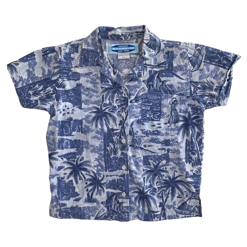 Hawaiian Shirt Kids Small Blue Cotton Aloha‎ Tropical Palm Trees All Over Print